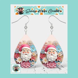 Earrings 3D Santa Claus Christmas Holidays Flowers Hand Sublimated Printed